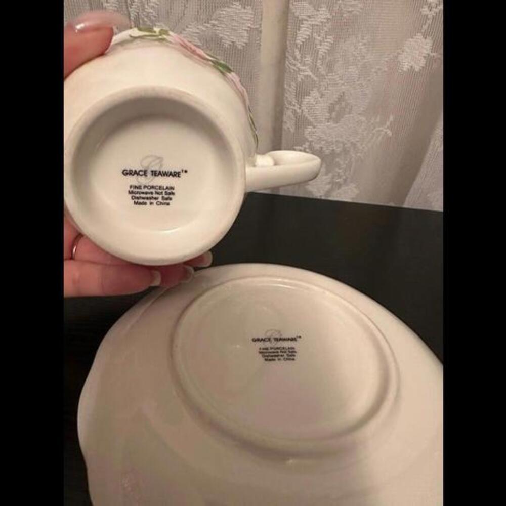 Grace Teaware Fine Porcelain Pink Floral Tea Cup and Saucer Set - Vintage Look - Picture 2 of 5